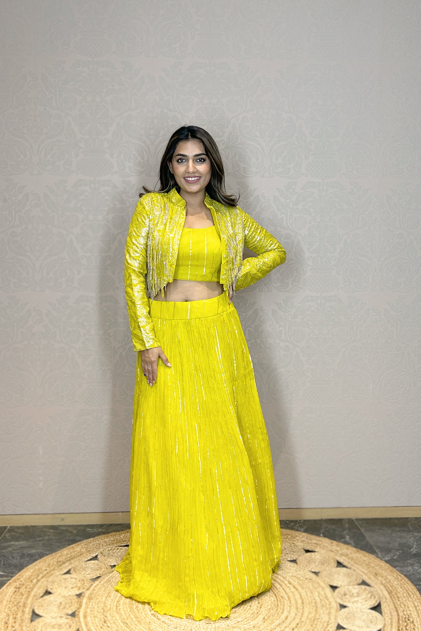 ELECTRIC LIME YELLOW LEHENGA SET WITH SHORT JACKET – Indrani Store