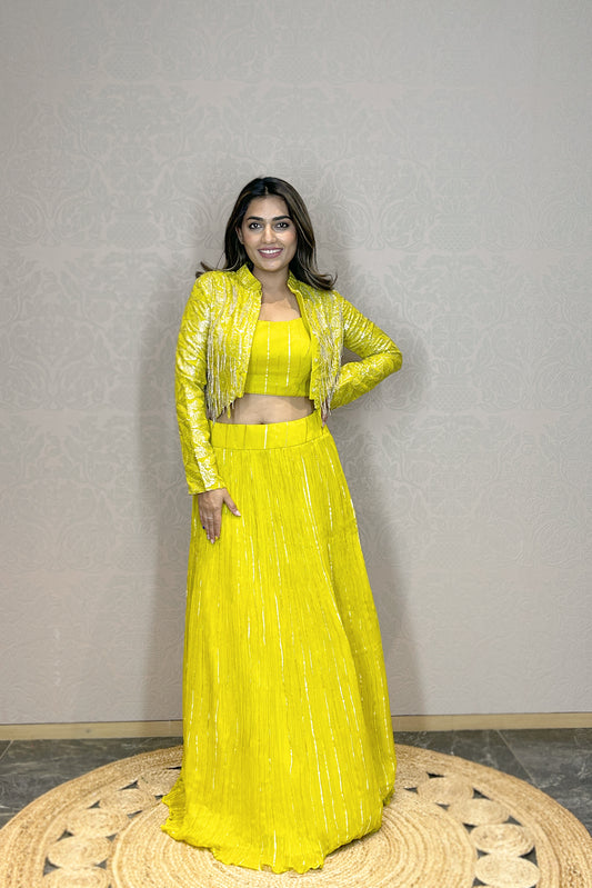 ELECTRIC LIME YELLOW LEHENGA SET WITH SHORT JACKET