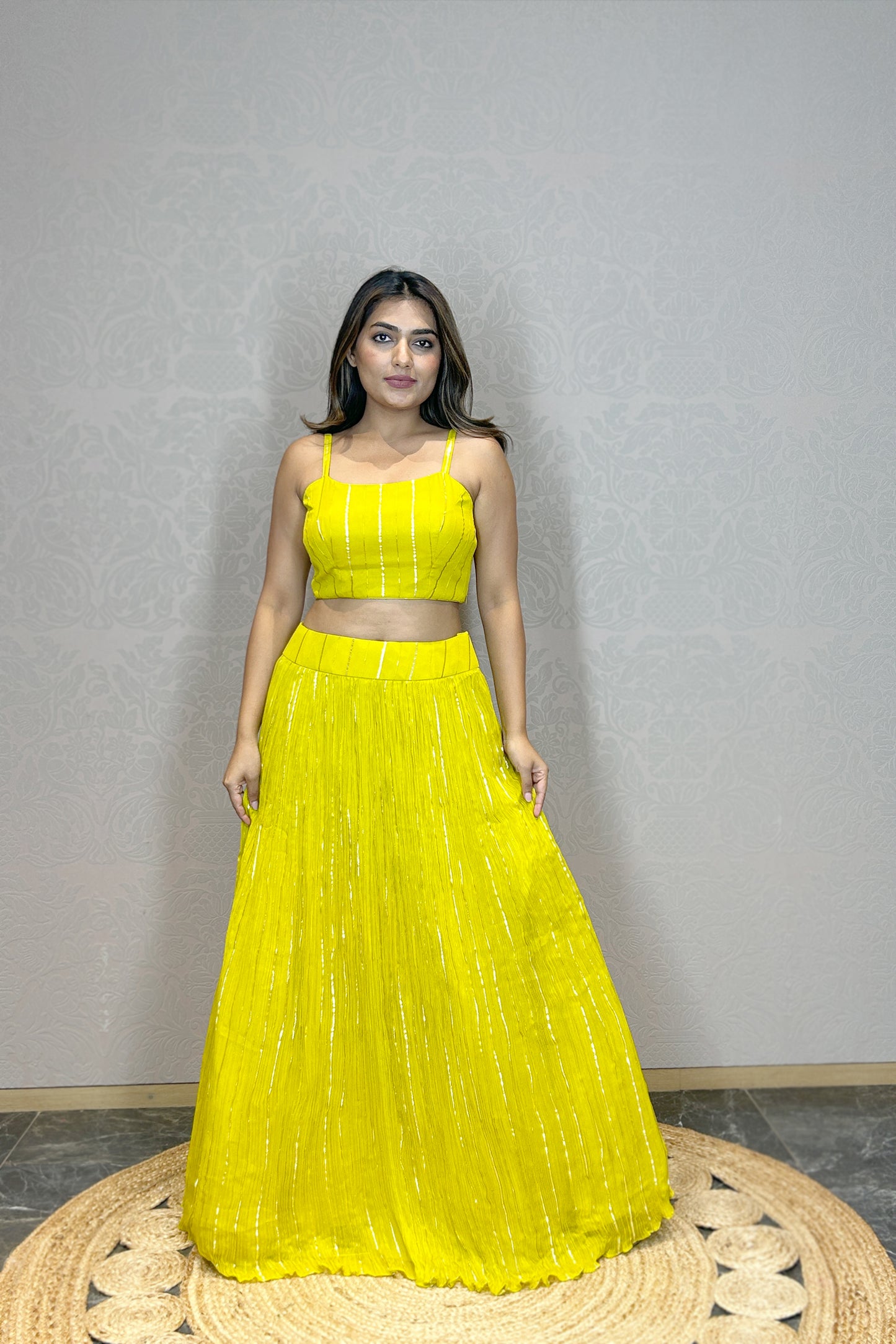 ELECTRIC LIME YELLOW LEHENGA SET WITH SHORT JACKET