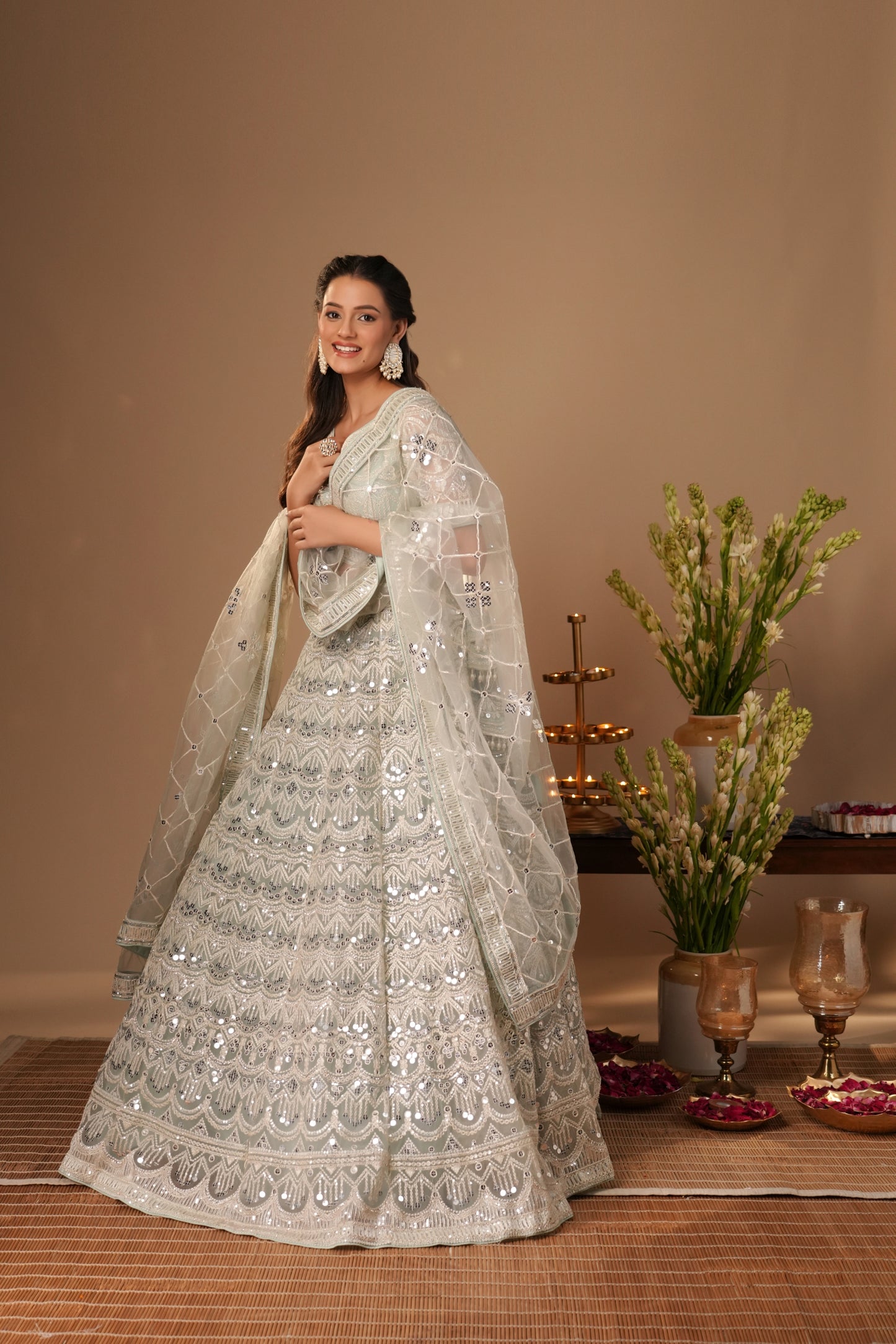 PASTEL BLUE EMBROIDERED NET LEHENGA