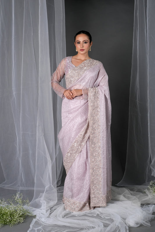 DUSTY GREY TISSUE ORGANZA EMBROIDERED SAREE