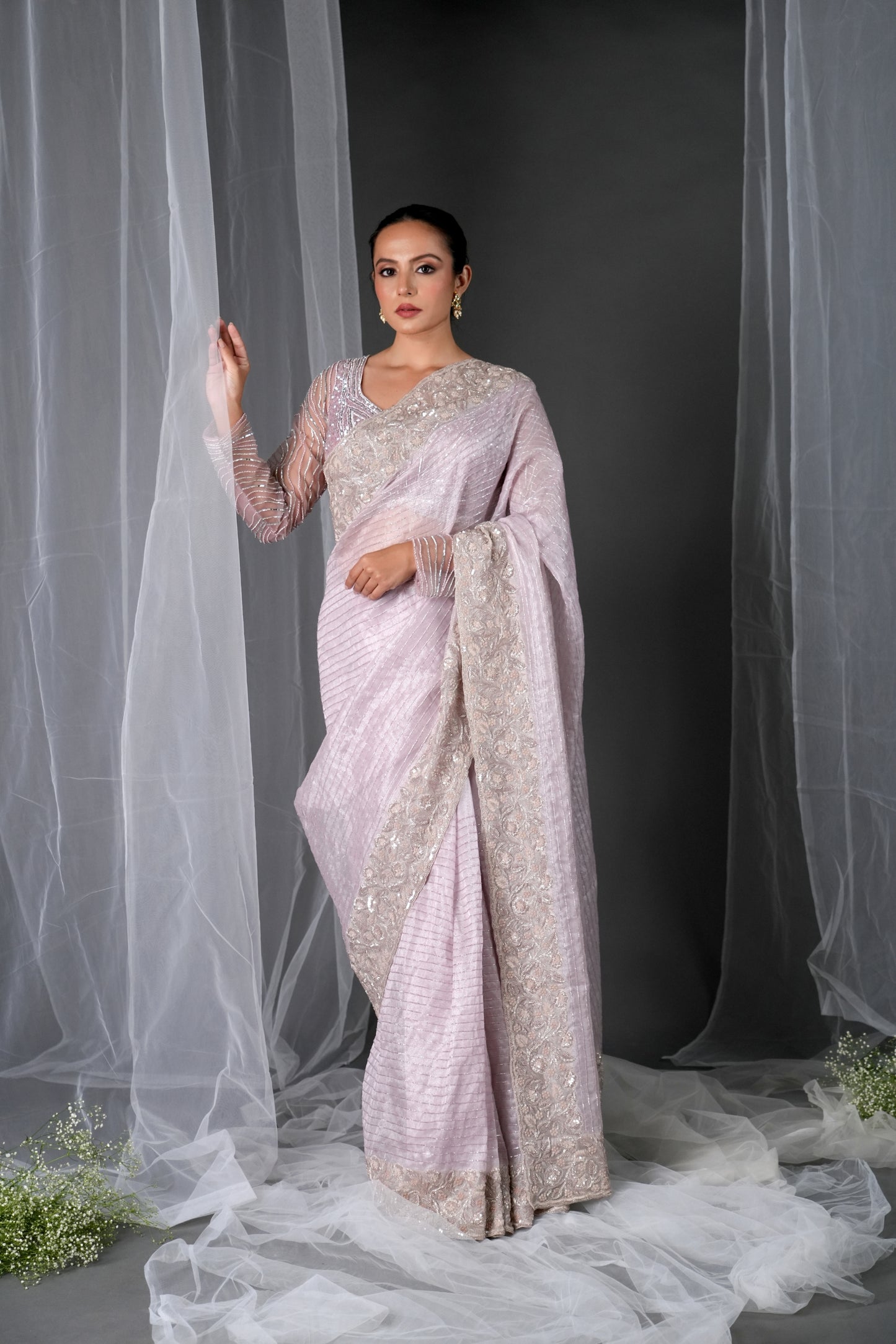 DUSTY GREY TISSUE ORGANZA EMBROIDERED SAREE