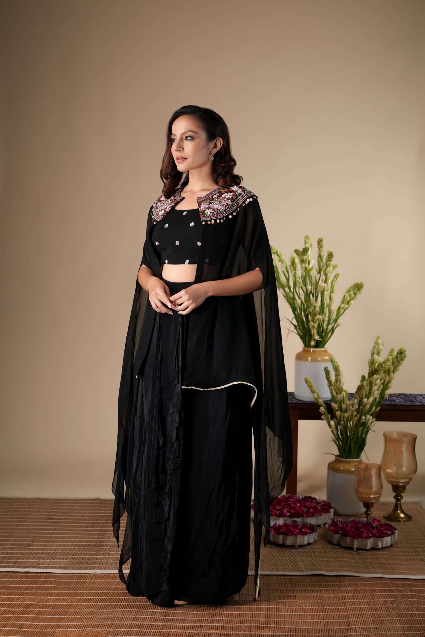 BLACK EMBROIDERED ORGANZA CAPE SET