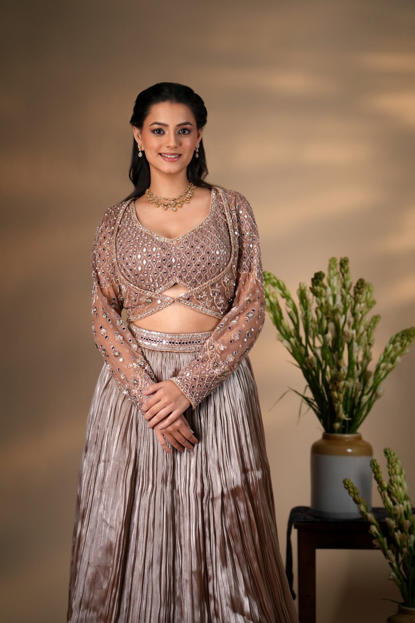 HAZELNUT ORGANZA LEHENGA