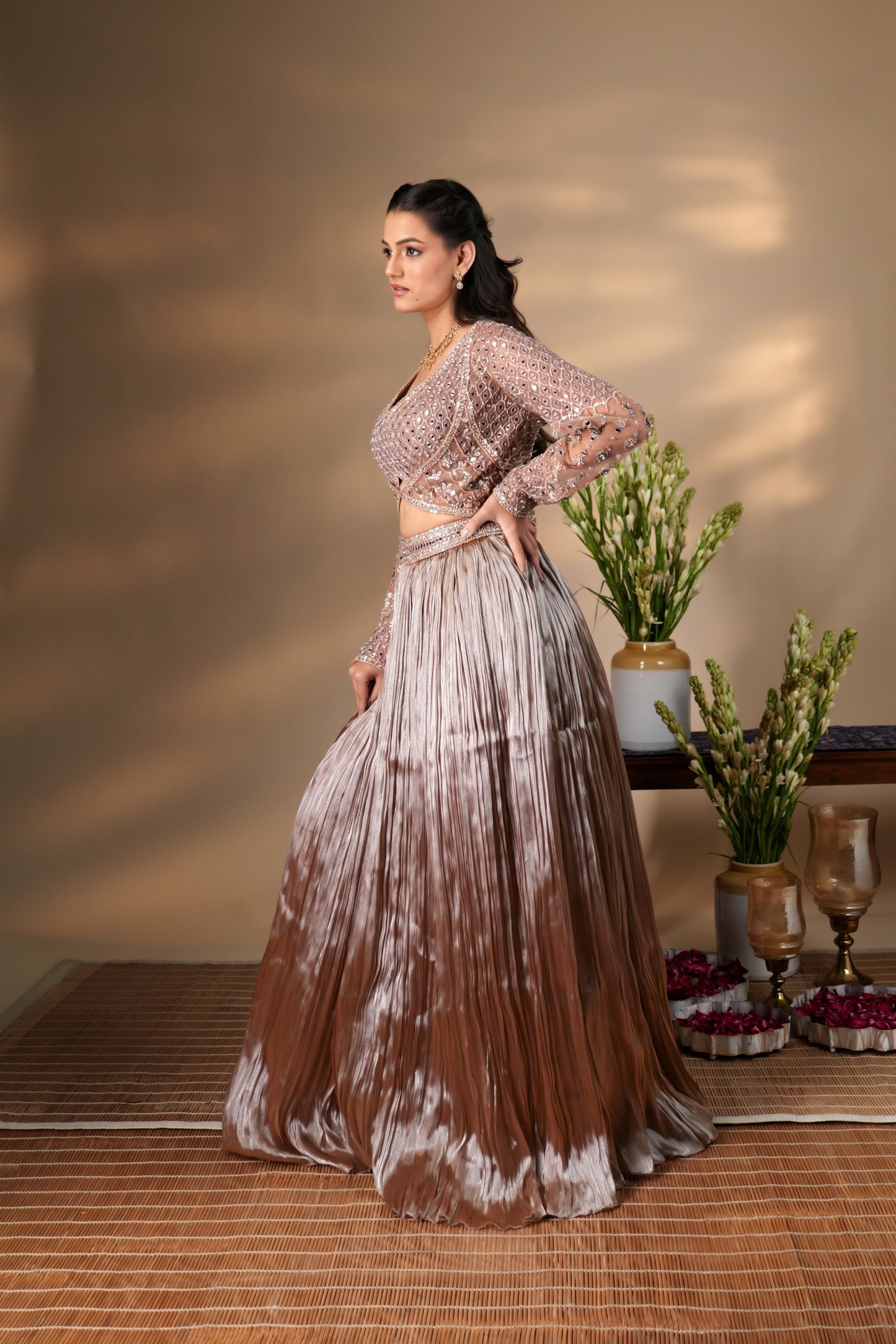 HAZELNUT ORGANZA LEHENGA