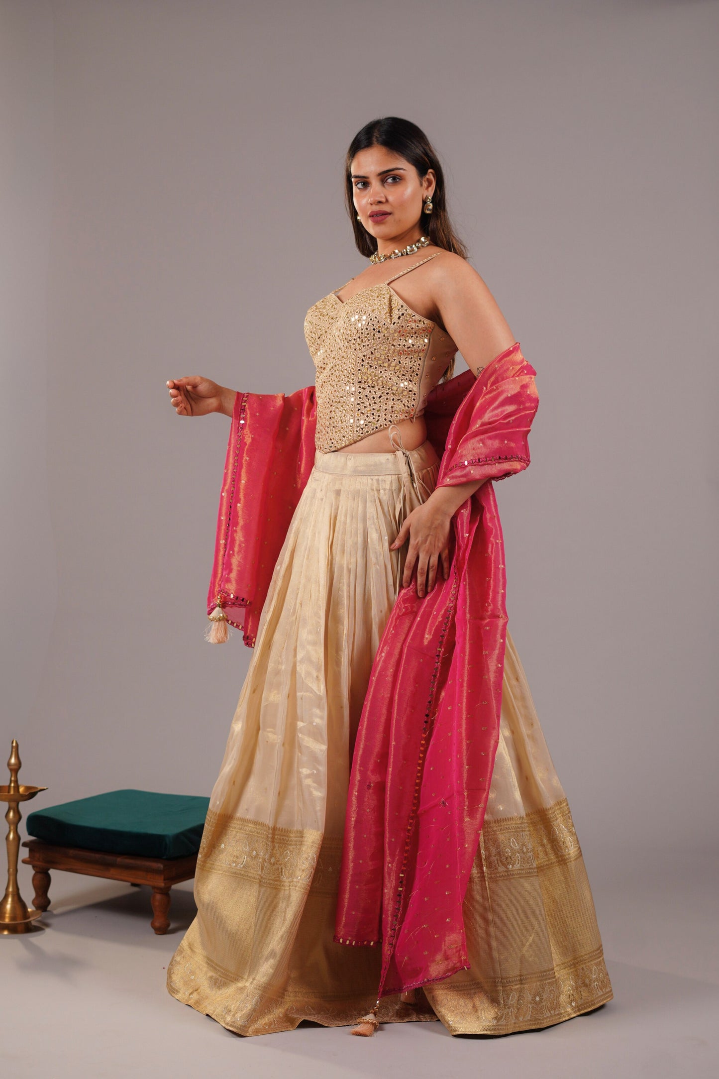 CREAM TISSUE LEHENGA