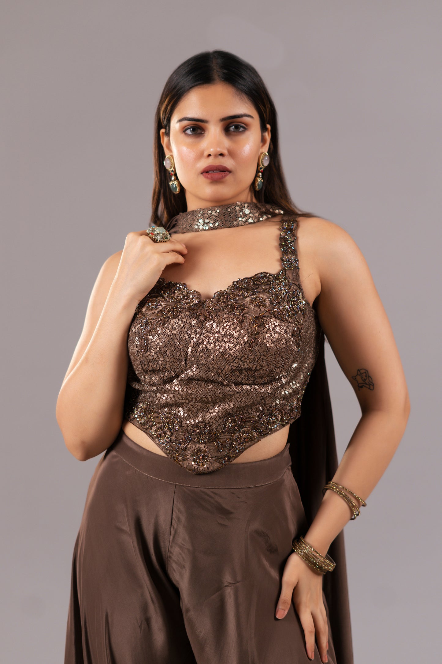 DARK BROWN CREPE PALAZZO SET