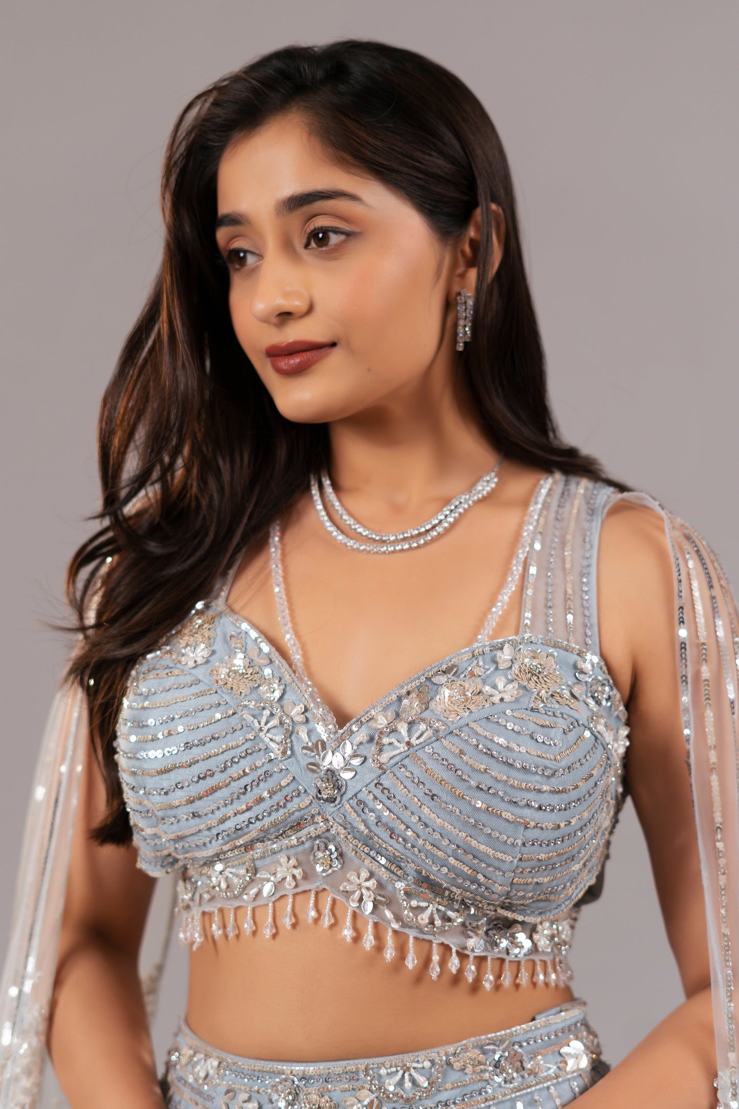 ICE BLUE NET FISHCUT LEHENGA