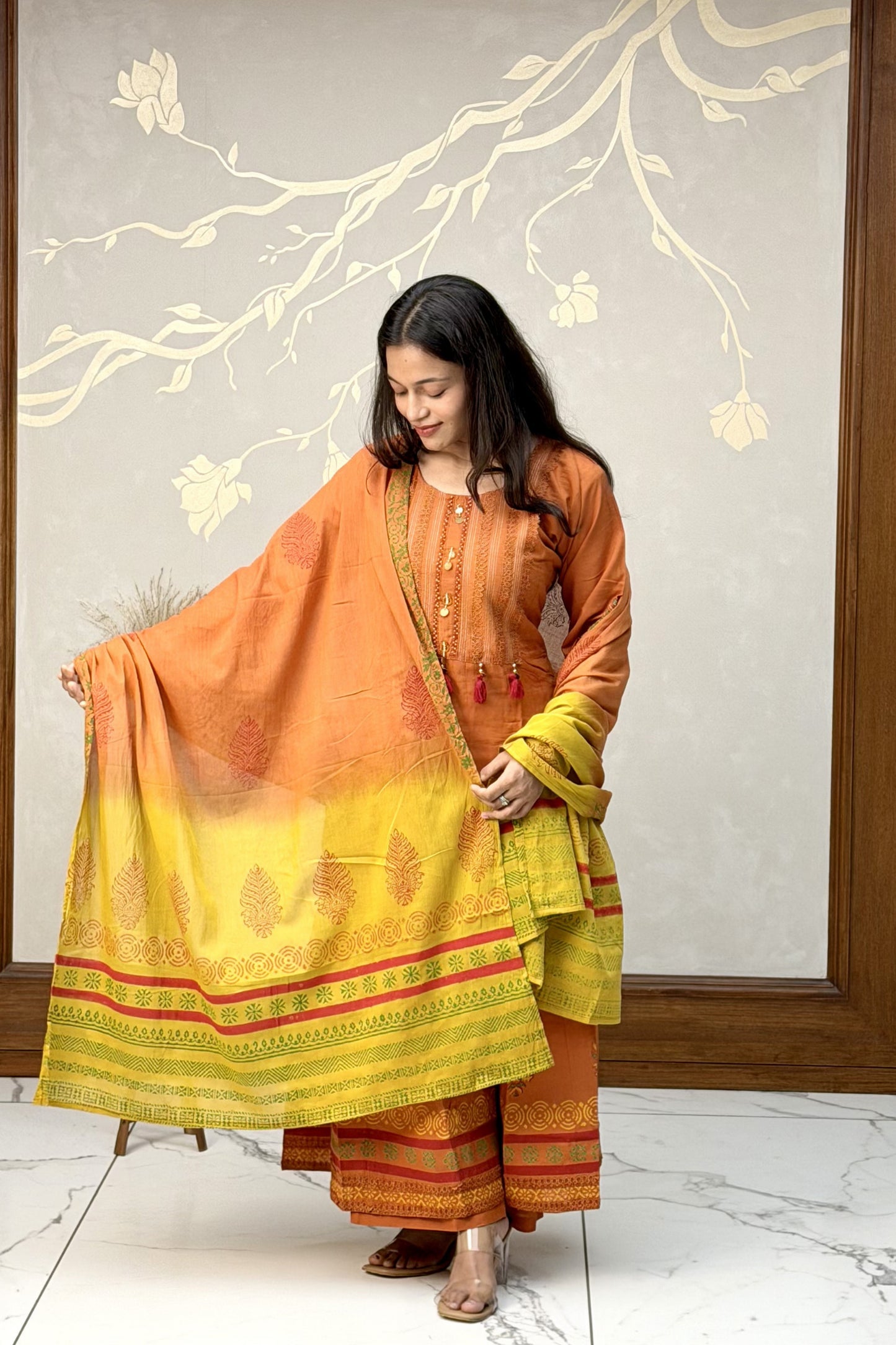 Orange Cotton Thread Work Dress Set