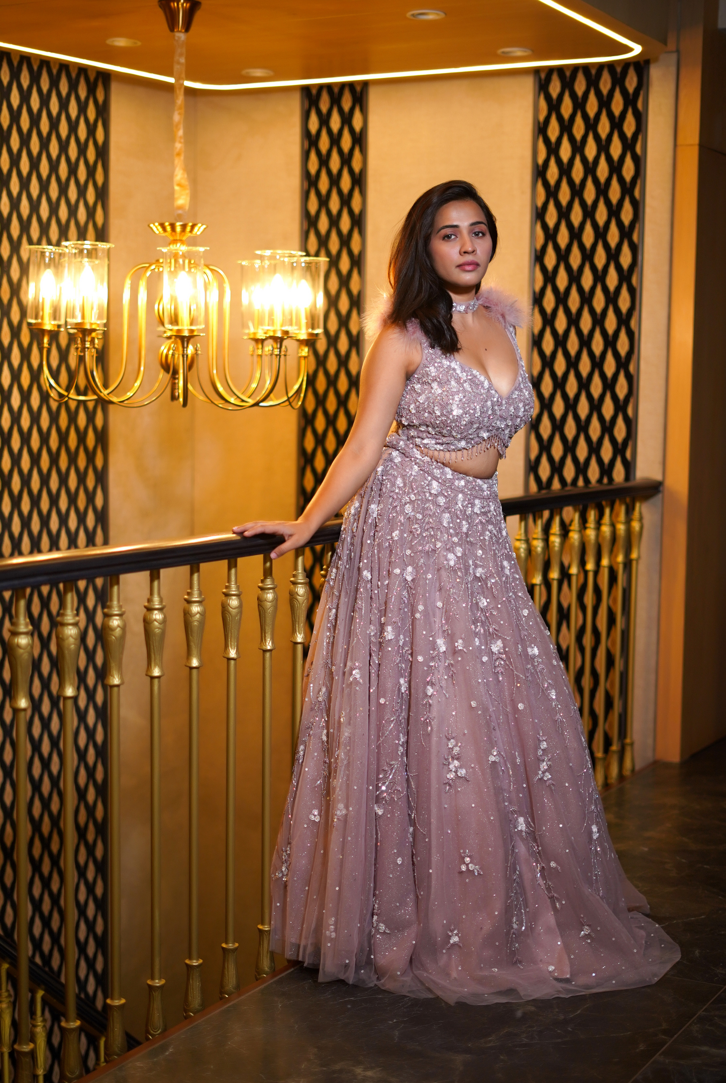 TEA-ROSE SEQUINS NET LEHENGA