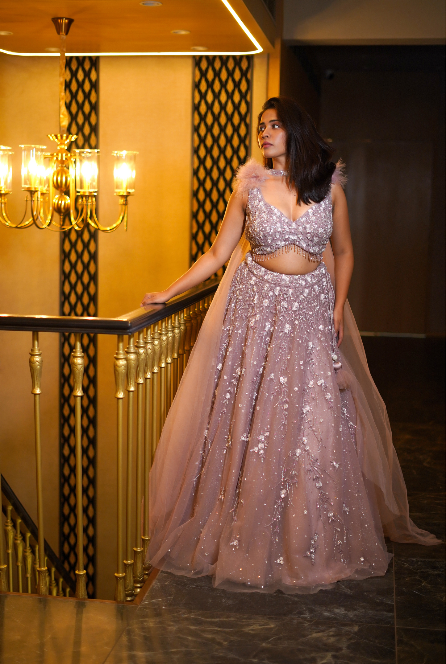 TEA-ROSE SEQUINS NET LEHENGA