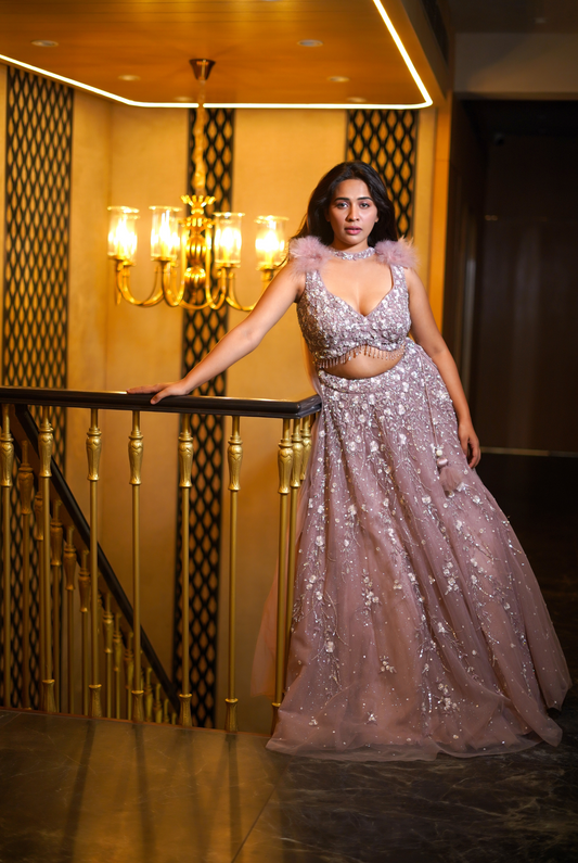 TEA-ROSE SEQUINS NET LEHENGA