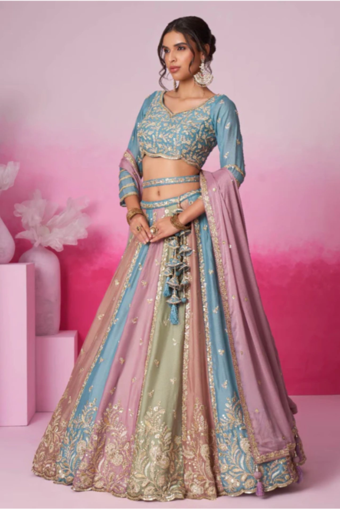 TEAL BLUE & MULTI-COLOR GEORGETTE LEHENGA