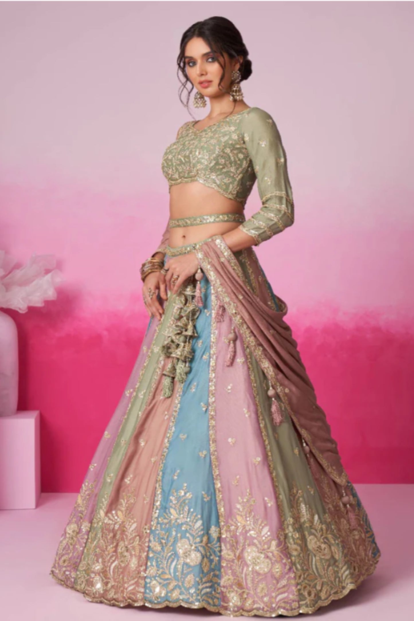 PISTA GREEN & MULTI-COLOR GEORGETTE LEHENGA