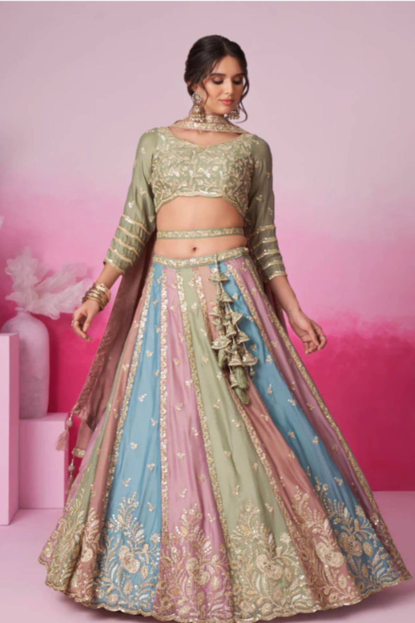 PISTA GREEN & MULTI-COLOR GEORGETTE LEHENGA