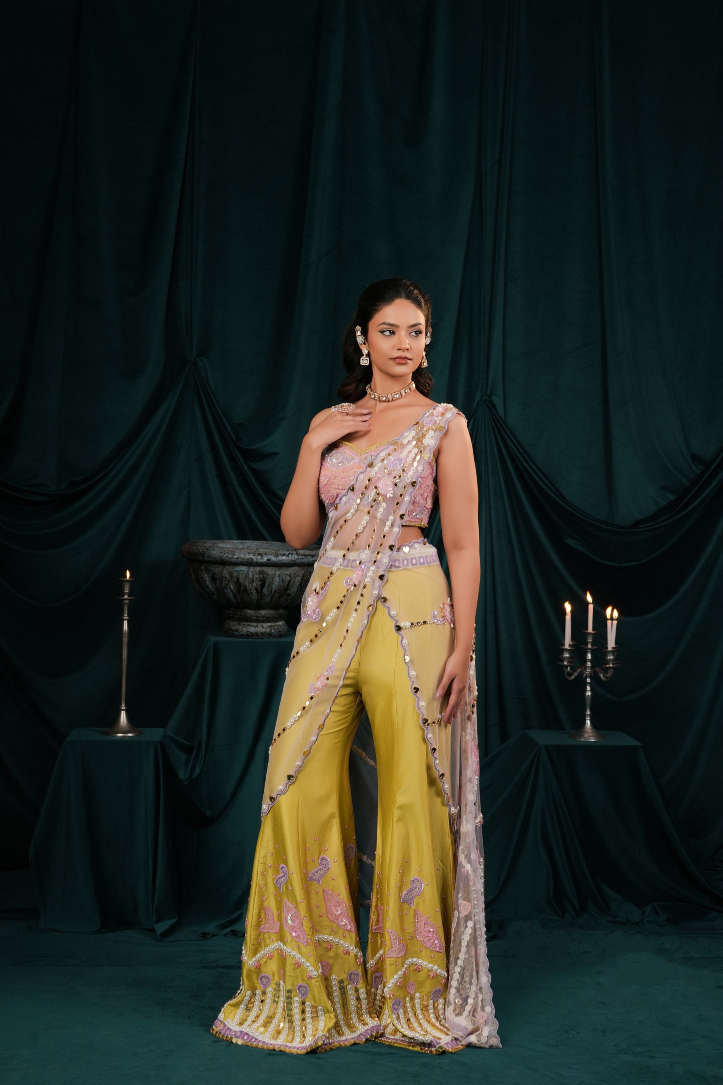 PEAR GREEN INDO WESTERN IN SILK