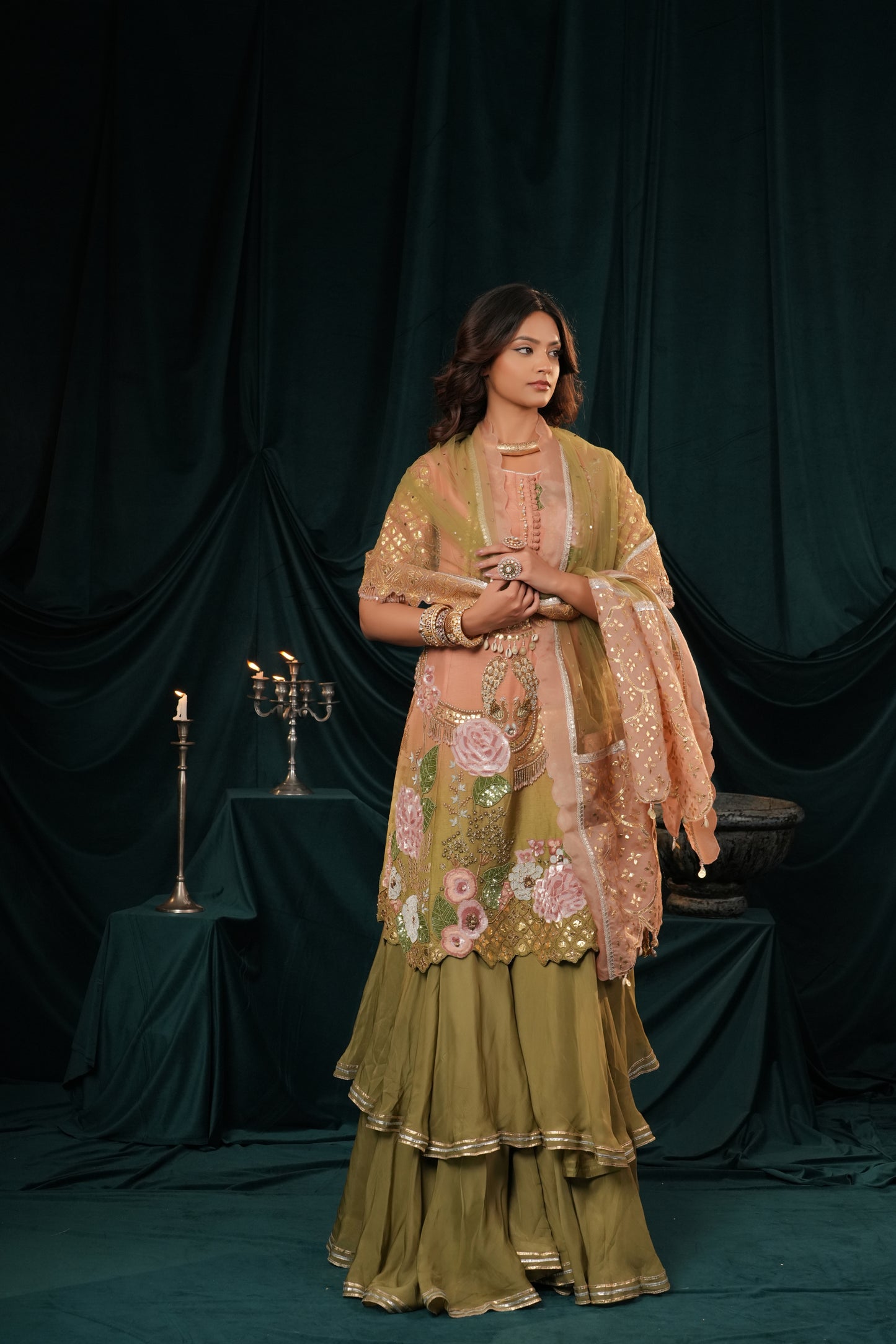 PEACH & GREEN SHARARA SET