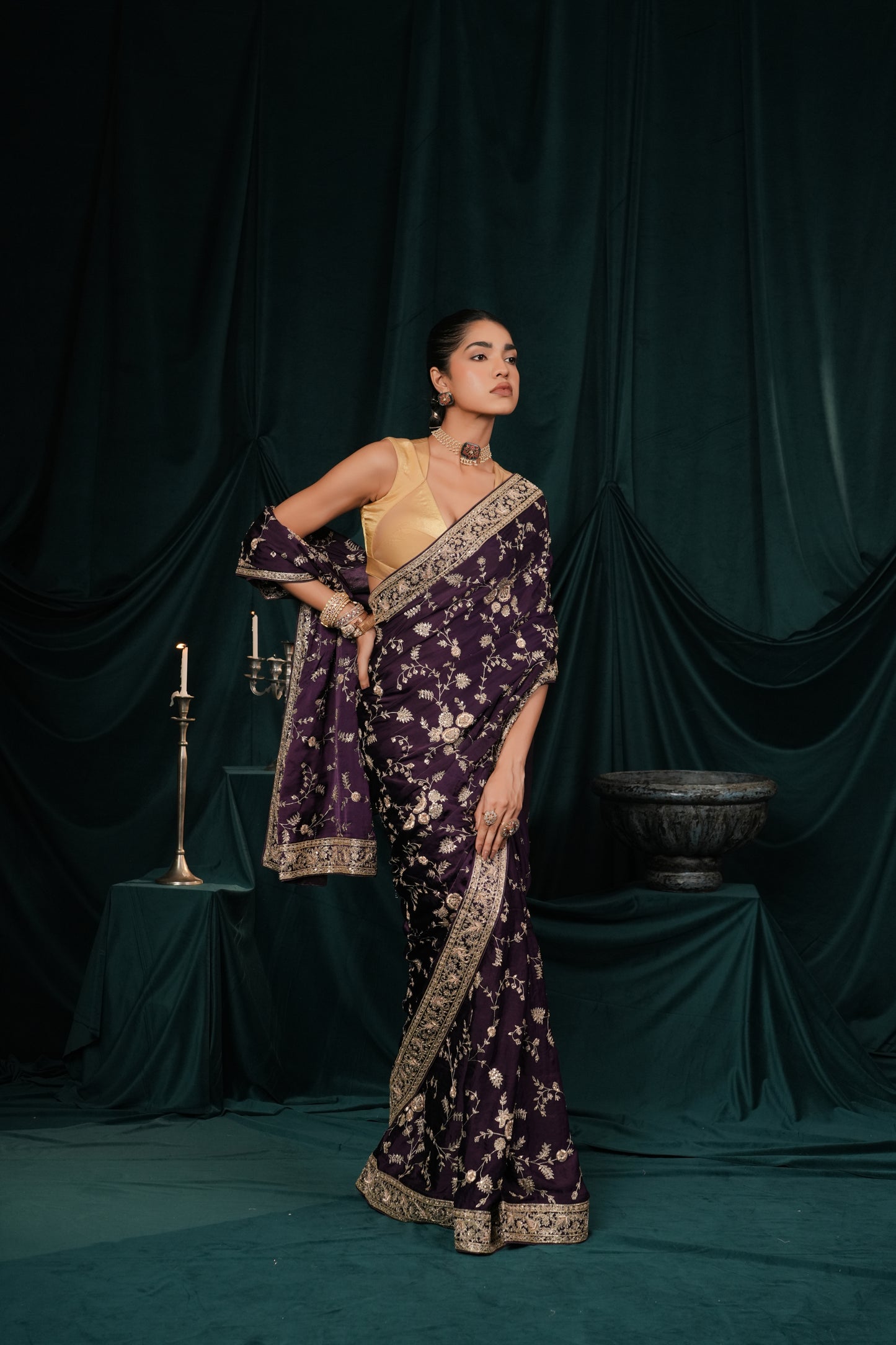 DARK PURPLE SATIN SILK EMBROIDERED SAREE