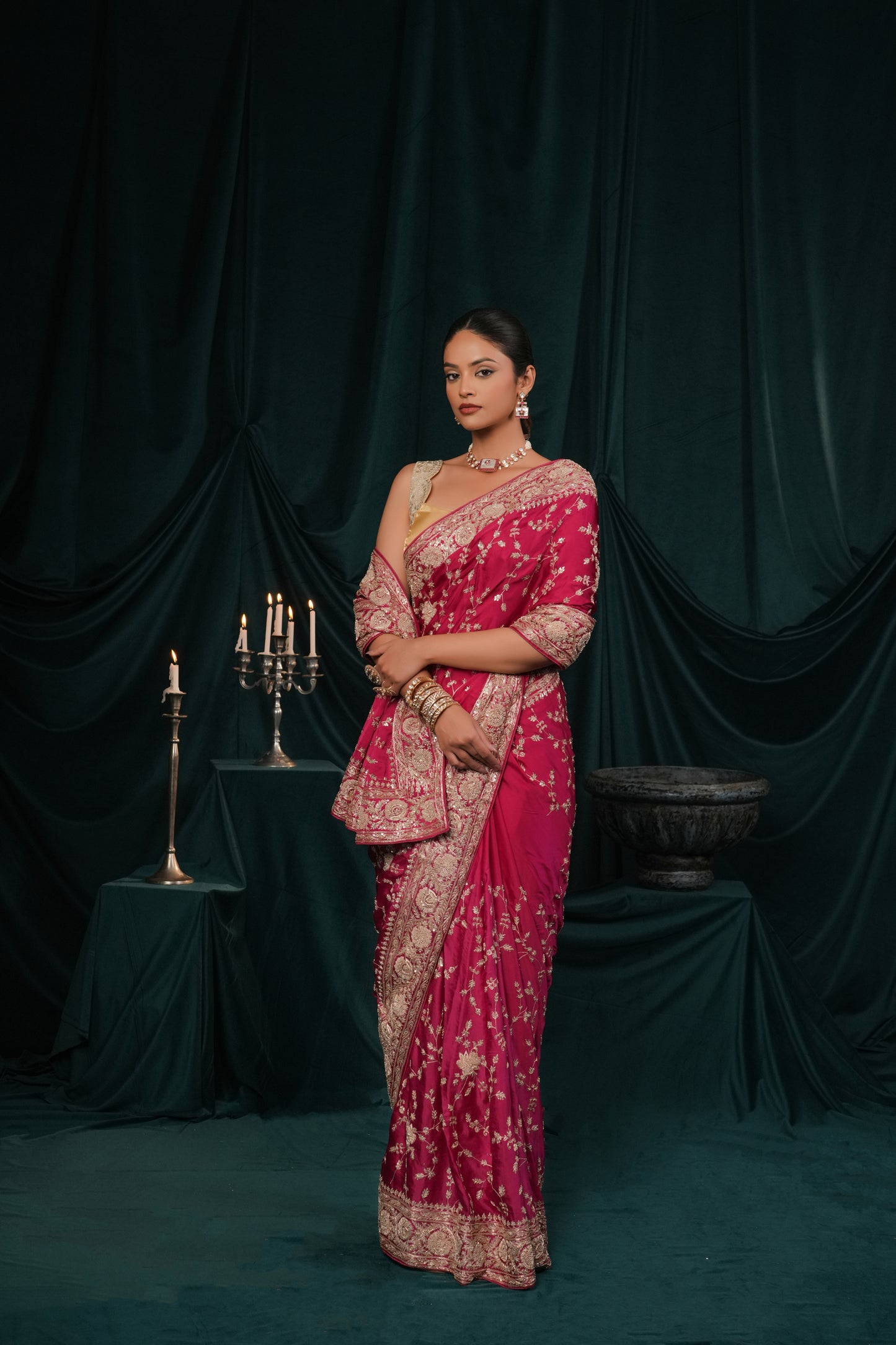 RASPBERRY PINK SATIN SILK EMBROIDERED SAREE