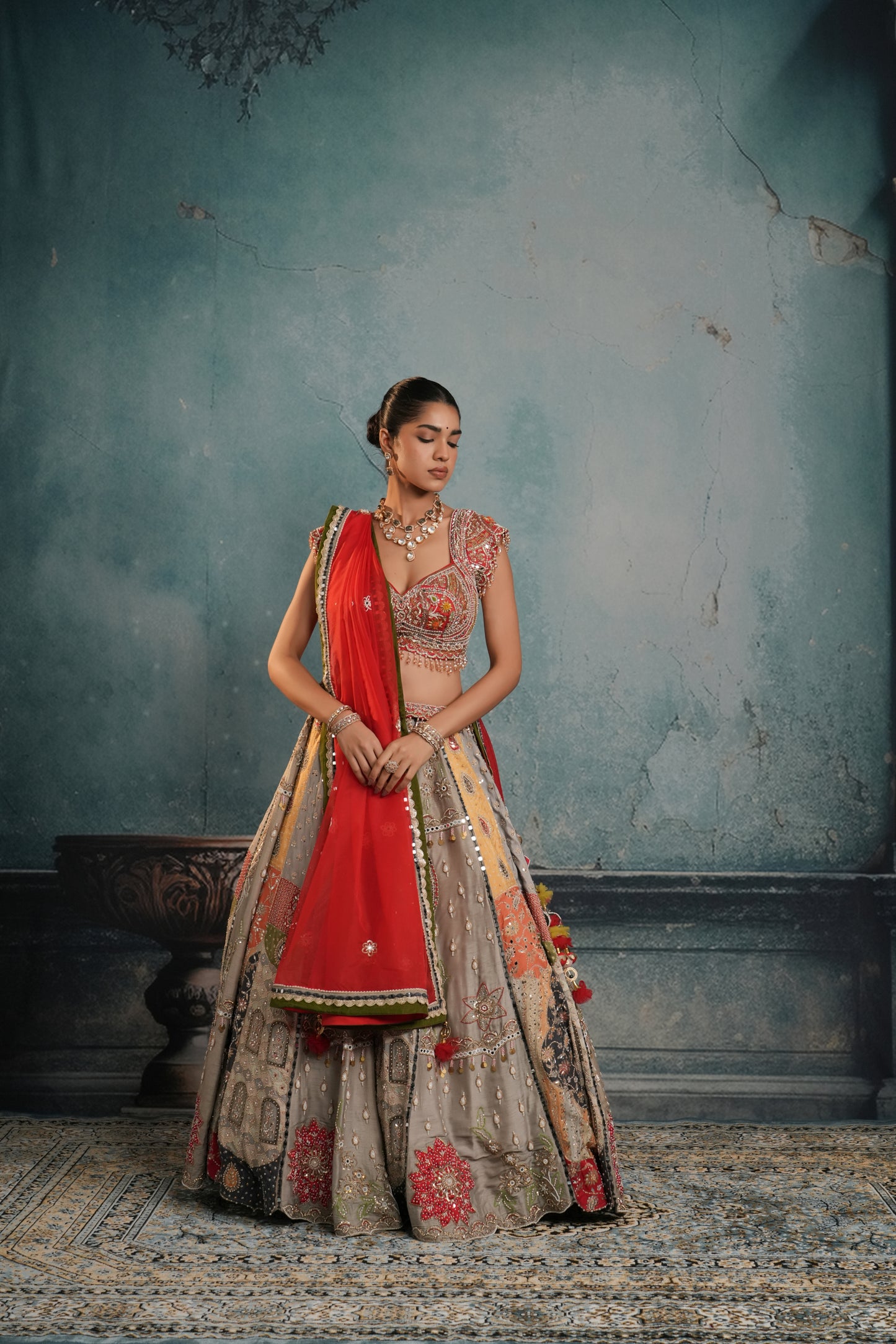 GREY & RED RAW SILK EMBROIDERED LEHENGA