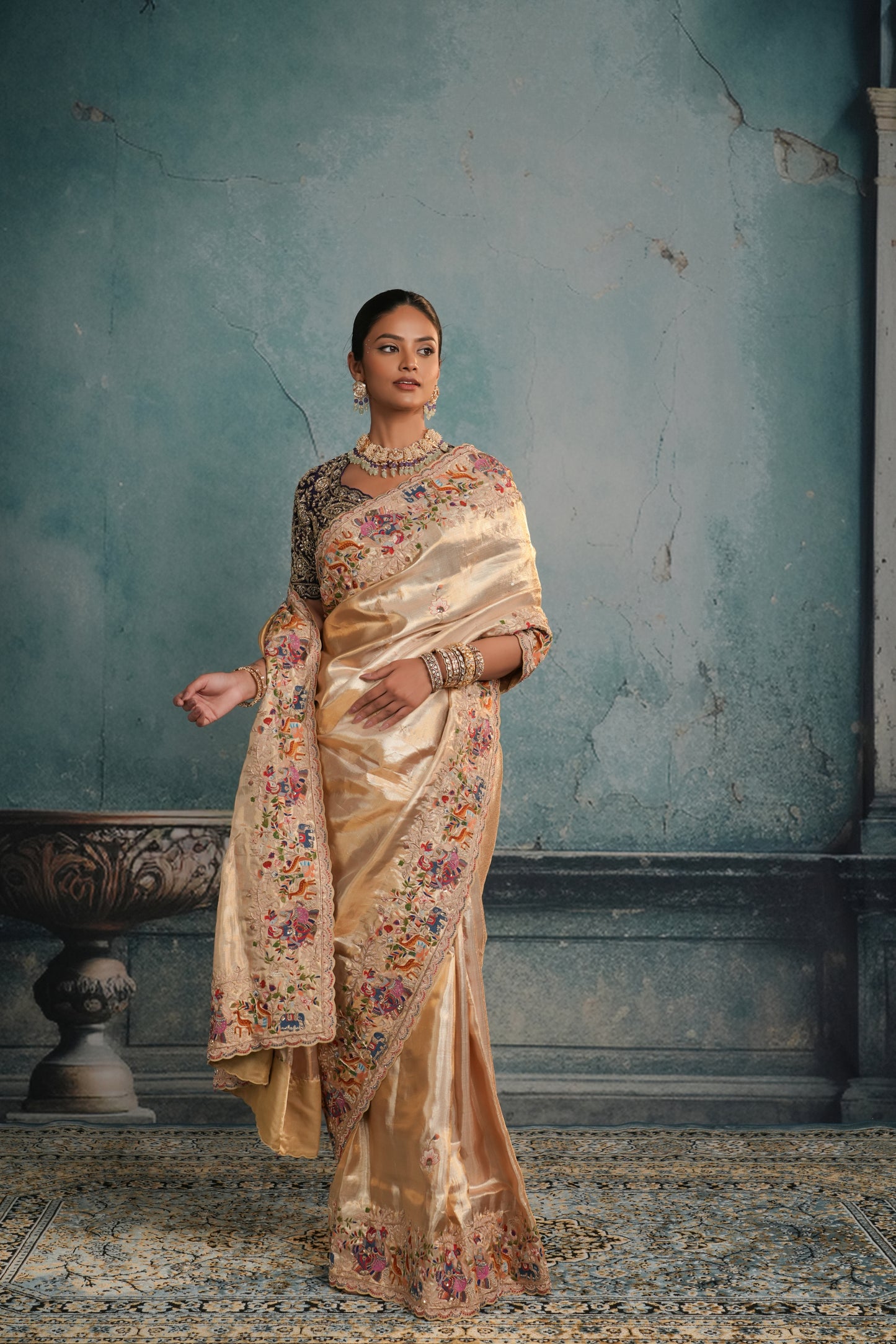 GOLDEN BANARASI TISSUE EMBROIDERED SAREE