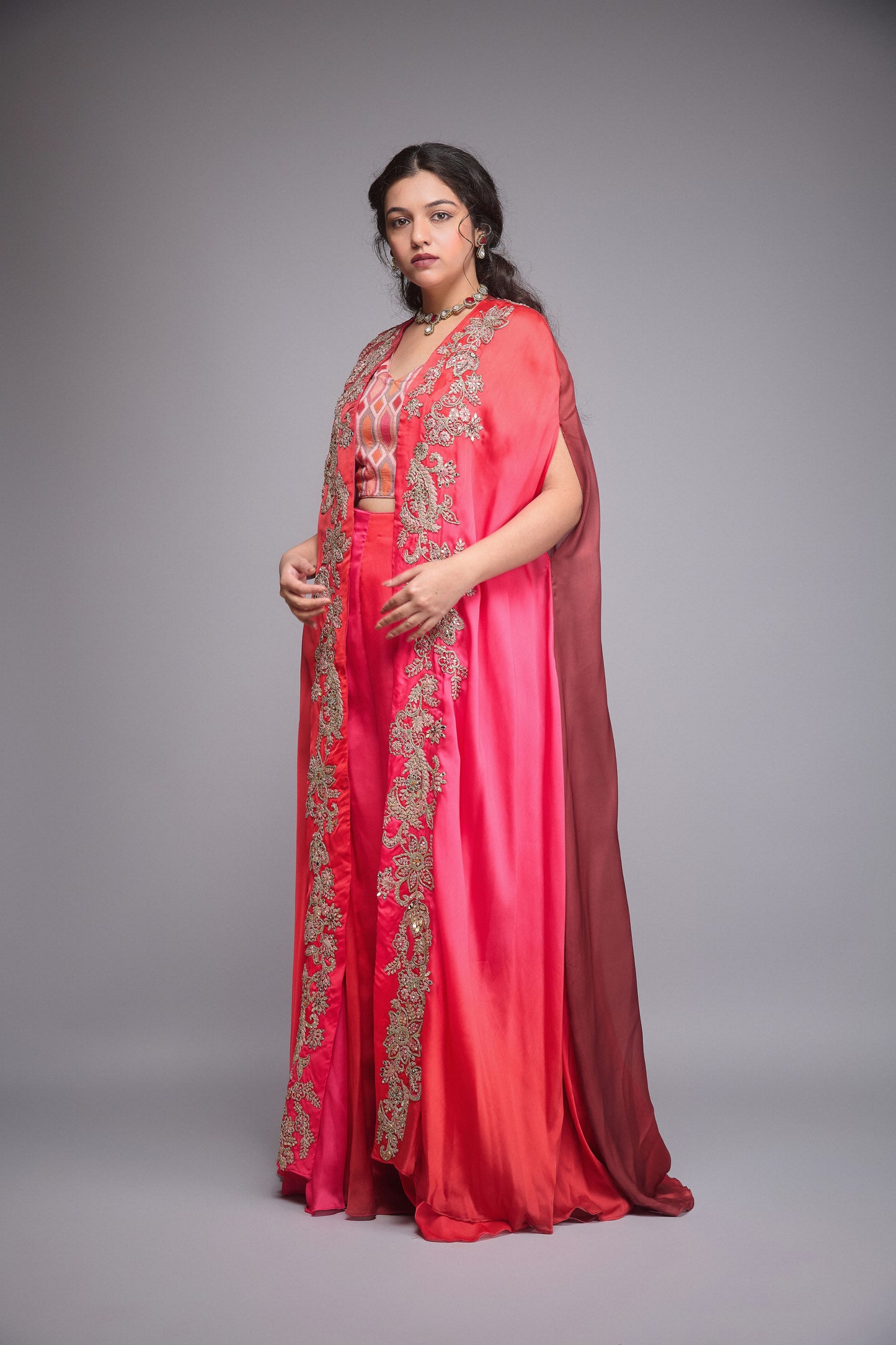 PINK & MAROON INDOWESTERN CAPE SET