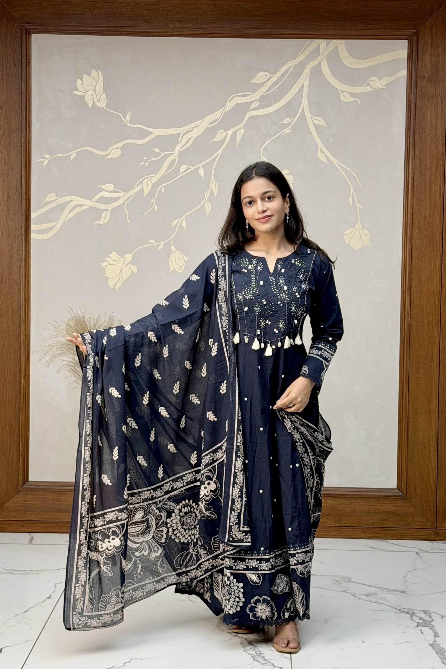 Navy Blue Cotton Thread & Mirror Work Dress Set