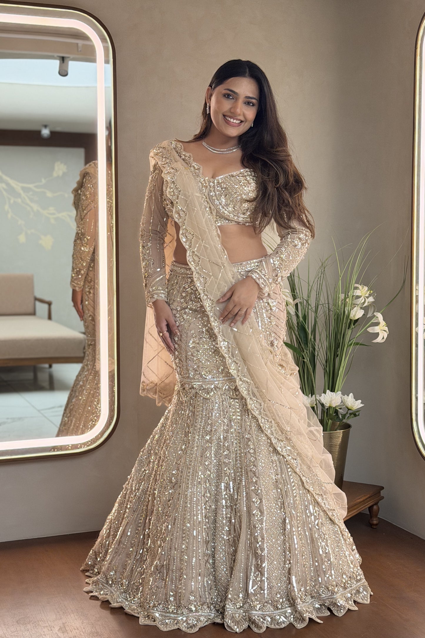 Beige Fish Cut Lehenga with Mirror & Pearl Work