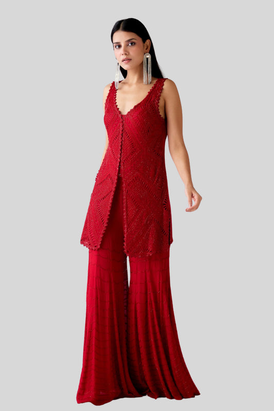 RED EMBROIDERED SHARARA SET