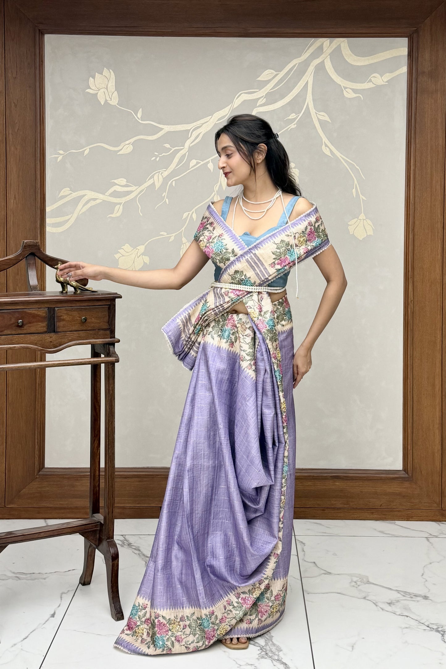 Lavender Summer Bloom Cotton Linen Saree