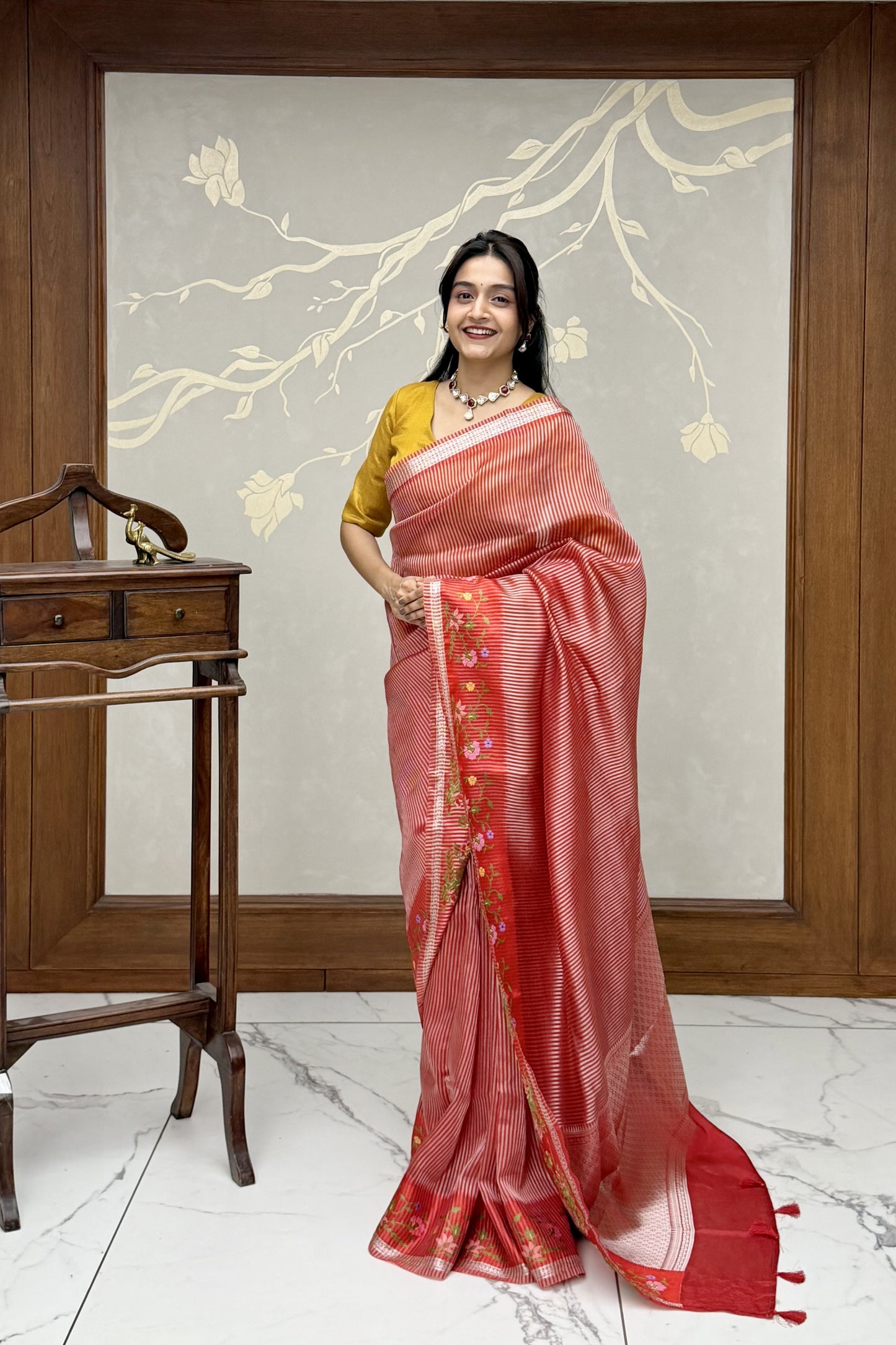 Crimson Red Lehriya Tussar Silk Saree