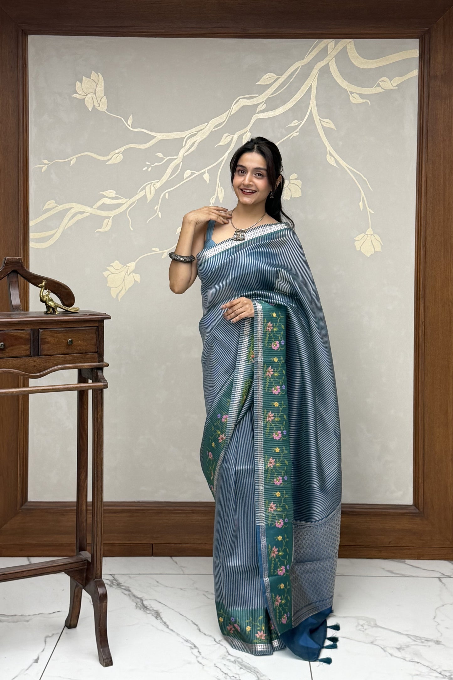 Steel Blue Lehriya Tussar Silk Saree