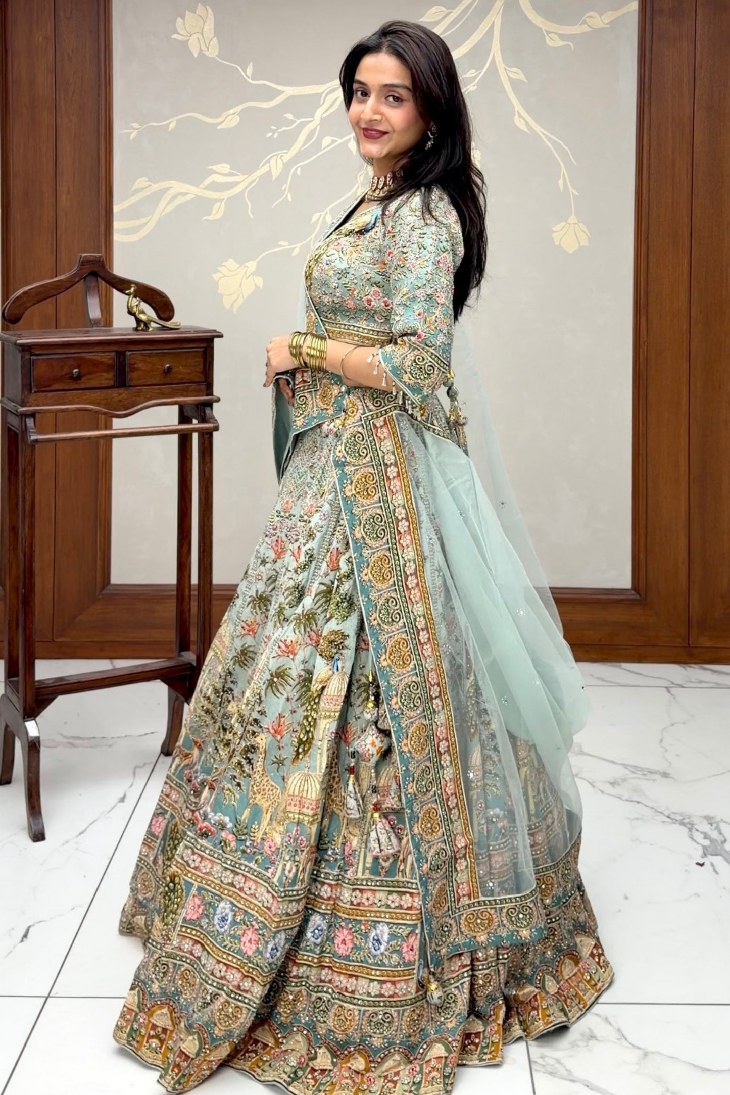 Powder Blue Italian Crepe Printed Lehenga Set