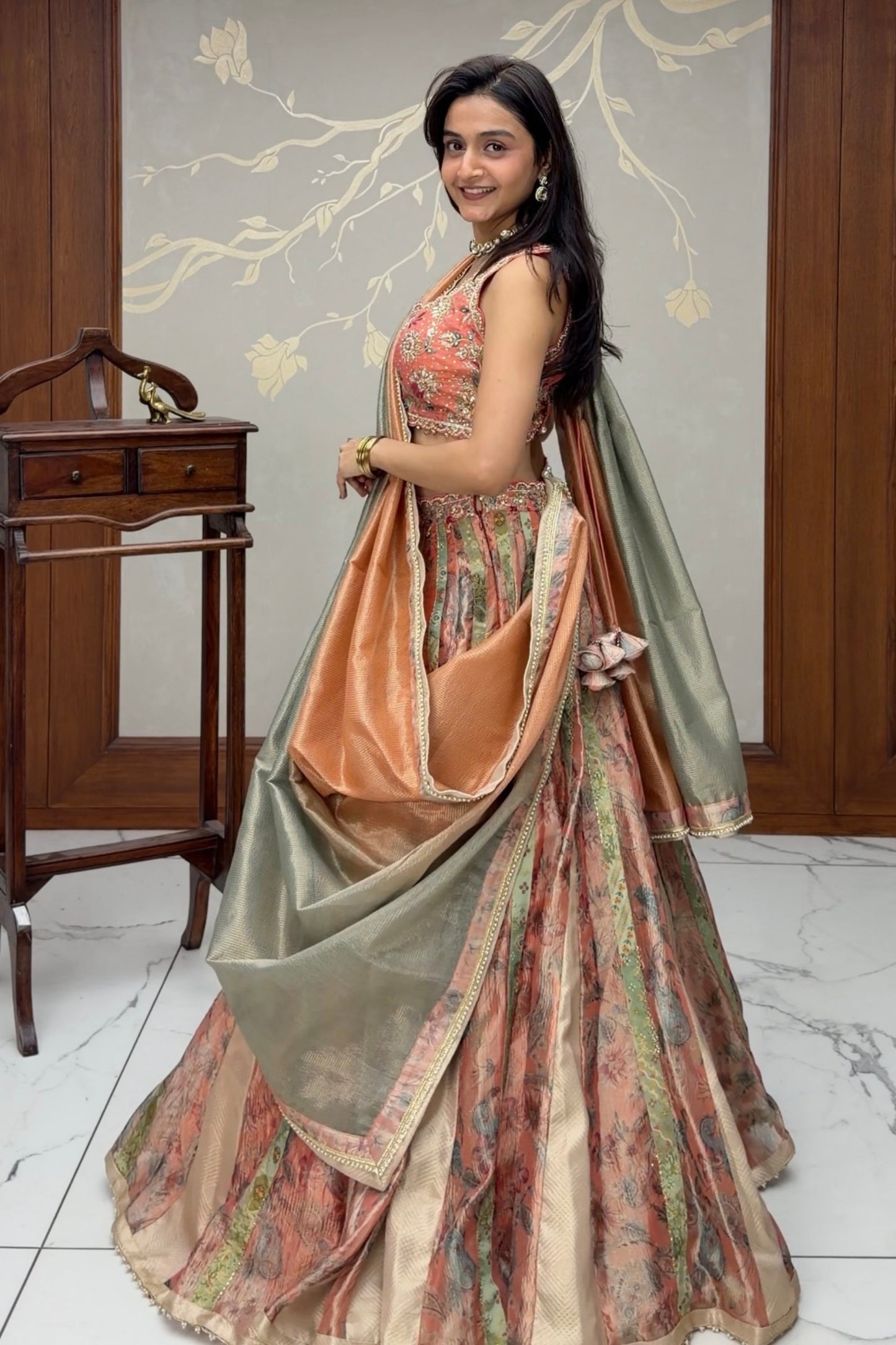 Blush Peach Printed Tissue Lehenga with Handwork Blouse