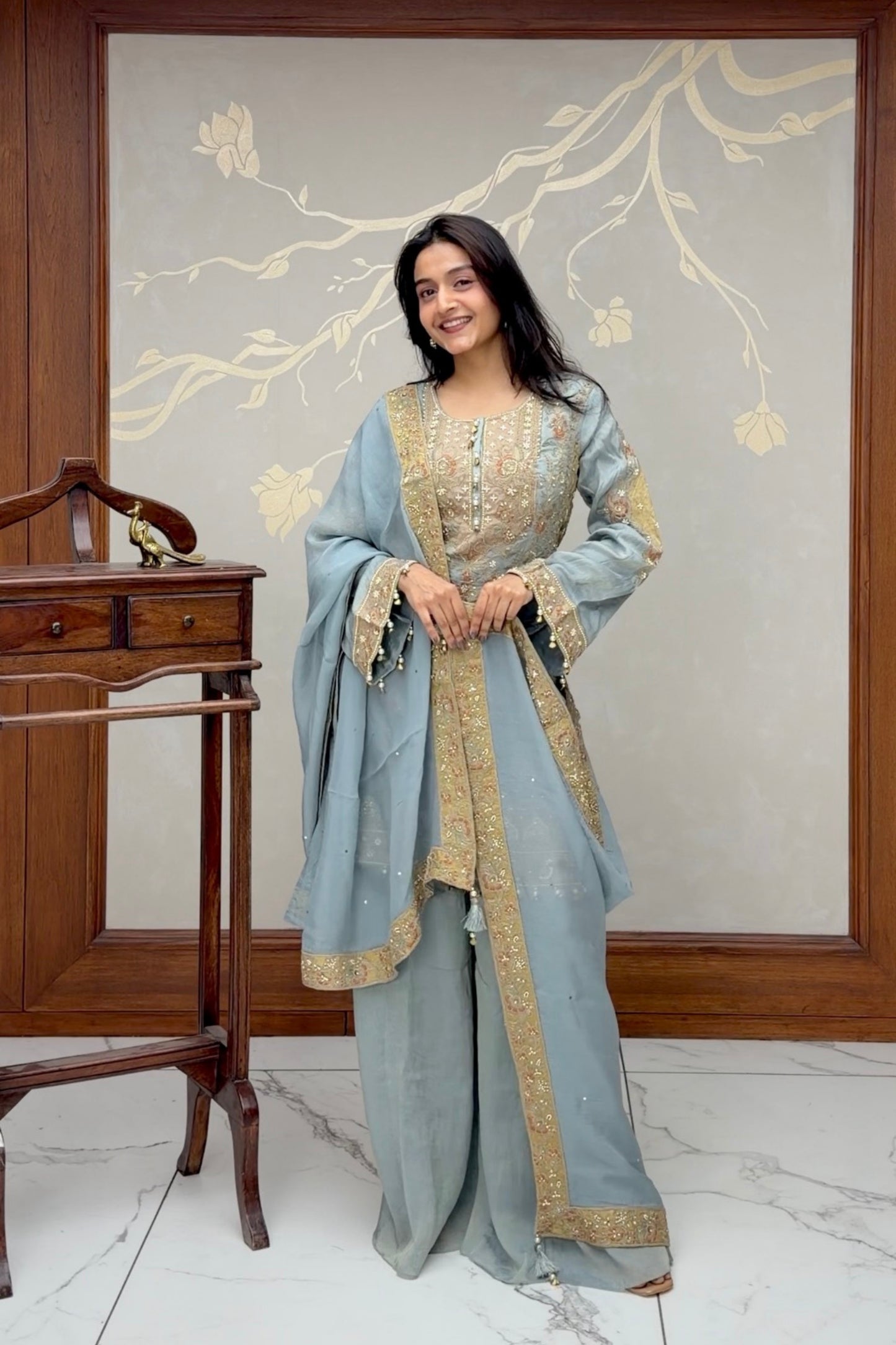 Blue Tissue Silk Self Plazo Set