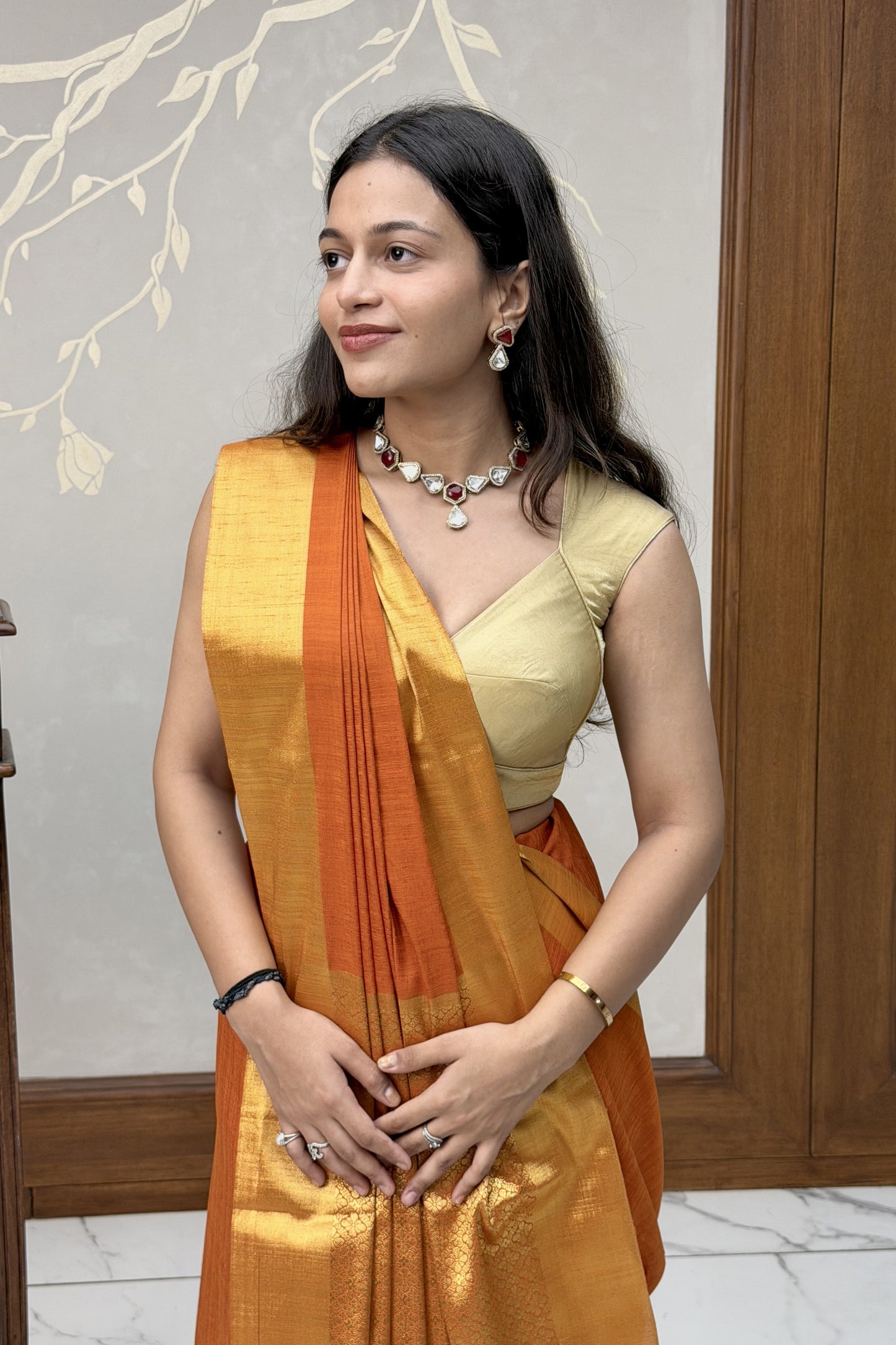 Orange linen crepe saree