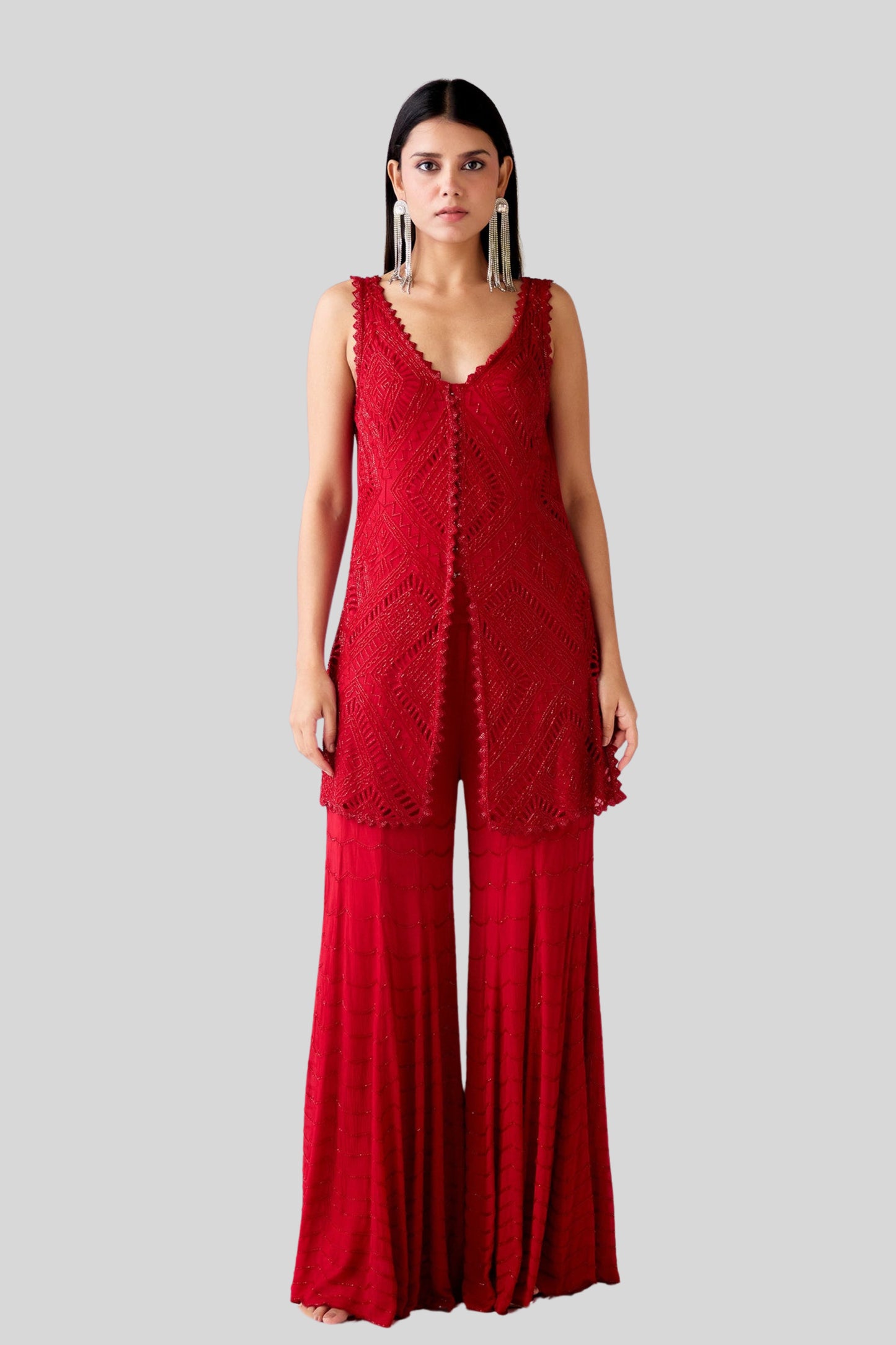 RED EMBROIDERED SHARARA SET