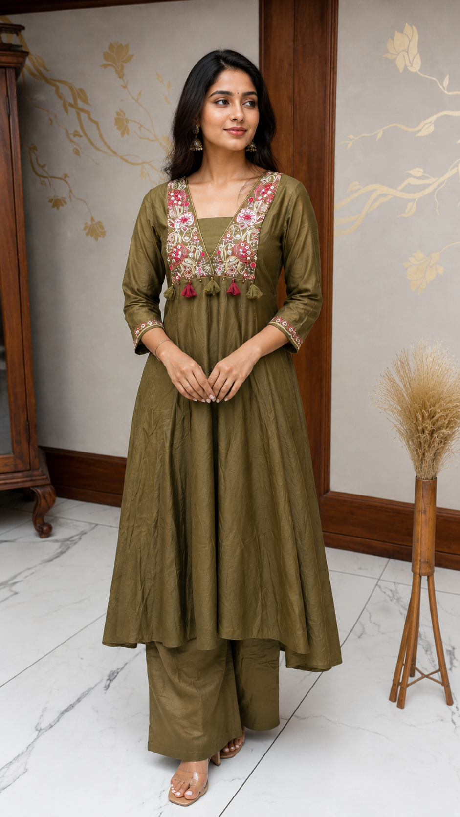 Olive Green Paisley Embroidered Suit Set
