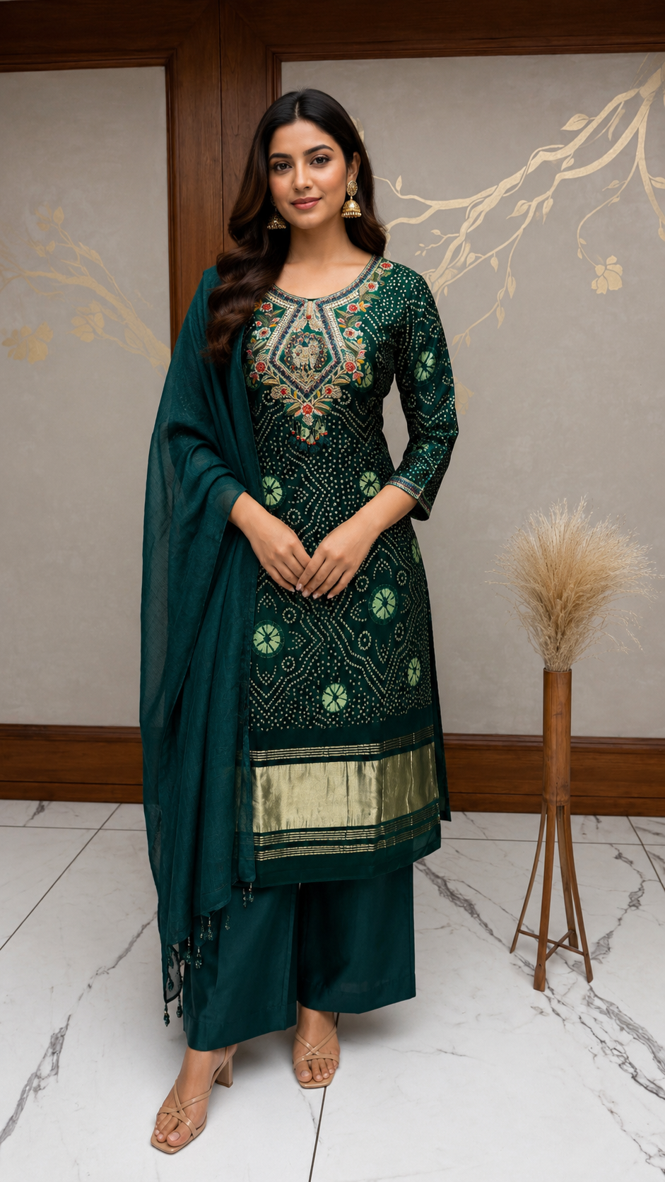Bottle Green Bandhani Embroidered Kurta Set