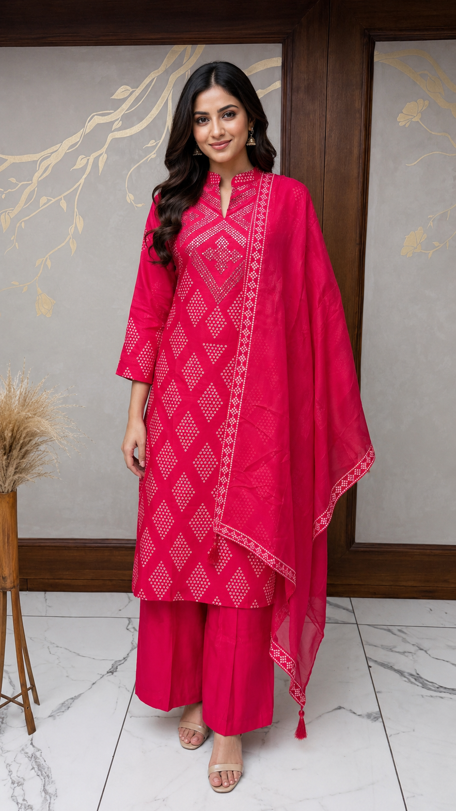 Rani Pink Bandhani Handwork Silk Dress
