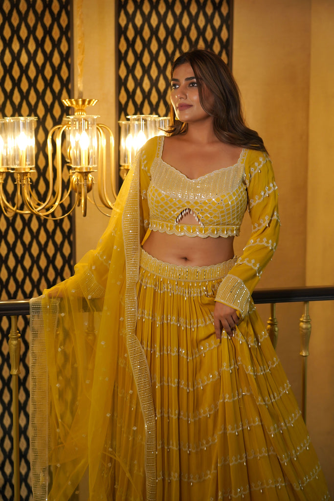 CANARY YELLOW GEORGETTE LEHENGA