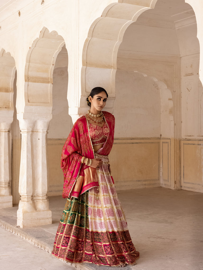 WHITE & GREEN GAJI SILK PRINTED LEHENGA