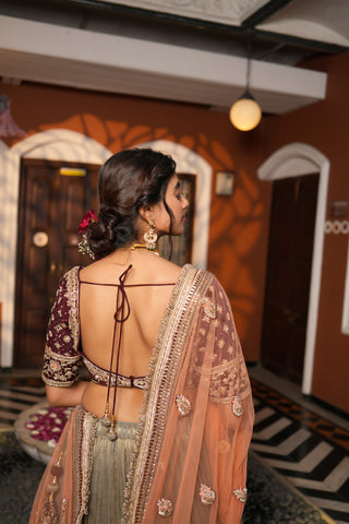 GREY & MAROON TISSUE LEHENGA