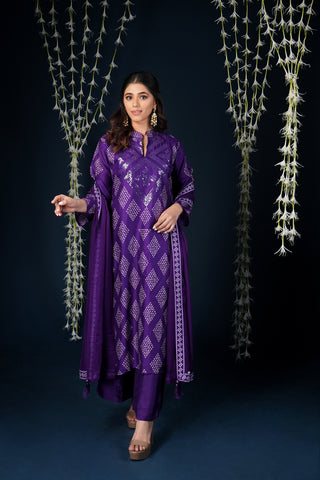 VIOLET BANDHEJ SILK SUIT SET