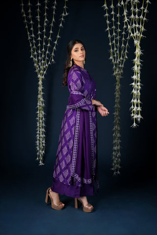 VIOLET BANDHEJ SILK SUIT SET