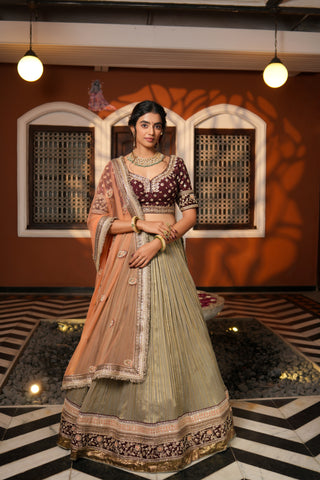 GREY & MAROON TISSUE LEHENGA