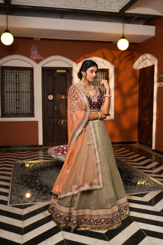 GREY & MAROON TISSUE LEHENGA