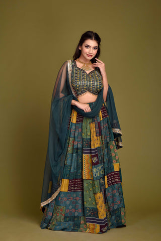 TEAL BLUE PRINTED LEHENGA