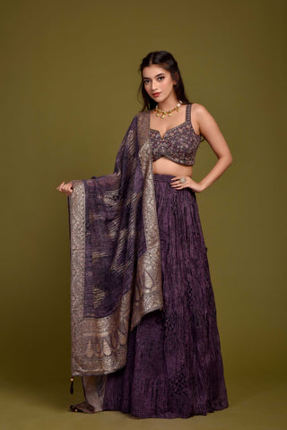 DEEP PURPLE PRINTED LEHENGA WITH MIRROR WORK BLOUSE