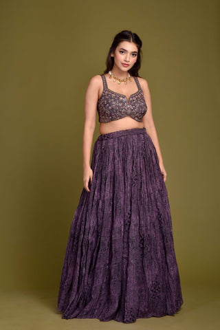 DEEP PURPLE PRINTED LEHENGA WITH MIRROR WORK BLOUSE